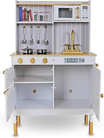Cocina de madera blanca infantil con accesorios y delantal