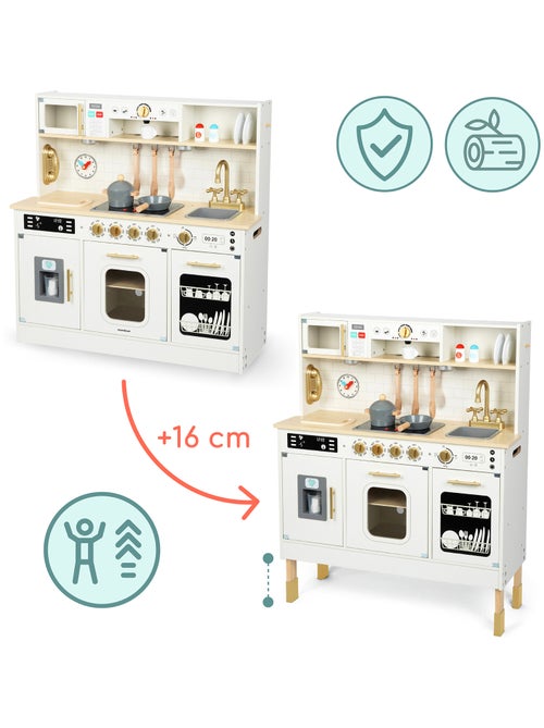 Cocina de madera interactiva XXL para niños con luces LED y accesorios - altura ajustable - Kiabi Cocina de madera interactiva XXL para niños con luces LED y accesorios - altura ajustable - Kiabi