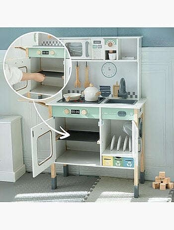 Cocina Montessori de madera infantil interactiva con luz y sonido, altura regulable y accesorios