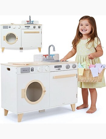 Cocina y lavandería de madera 2 en 1 para niños con accesorios, juego educativo 3+