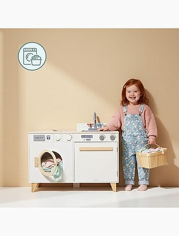 Cocina y lavandería de madera 2 en 1 para niños con accesorios, juego educativo 3+