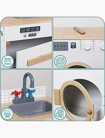 Cocina y lavandería de madera 2 en 1 para niños con accesorios, juego educativo 3+
