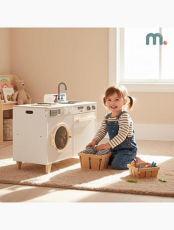 Cocina y lavandería de madera 2 en 1 para niños con accesorios, juego educativo 3+