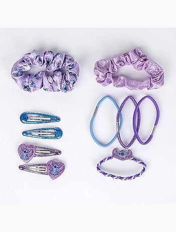 Cofre cabello niño Stitch azul y violeta : 10 accesorios