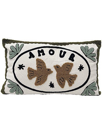 Cojín bordado con pájaros y motivo "love