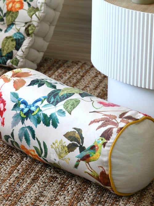 Cojín cilíndrico decorativo con estampado de hojas y pájaro - Kiabi