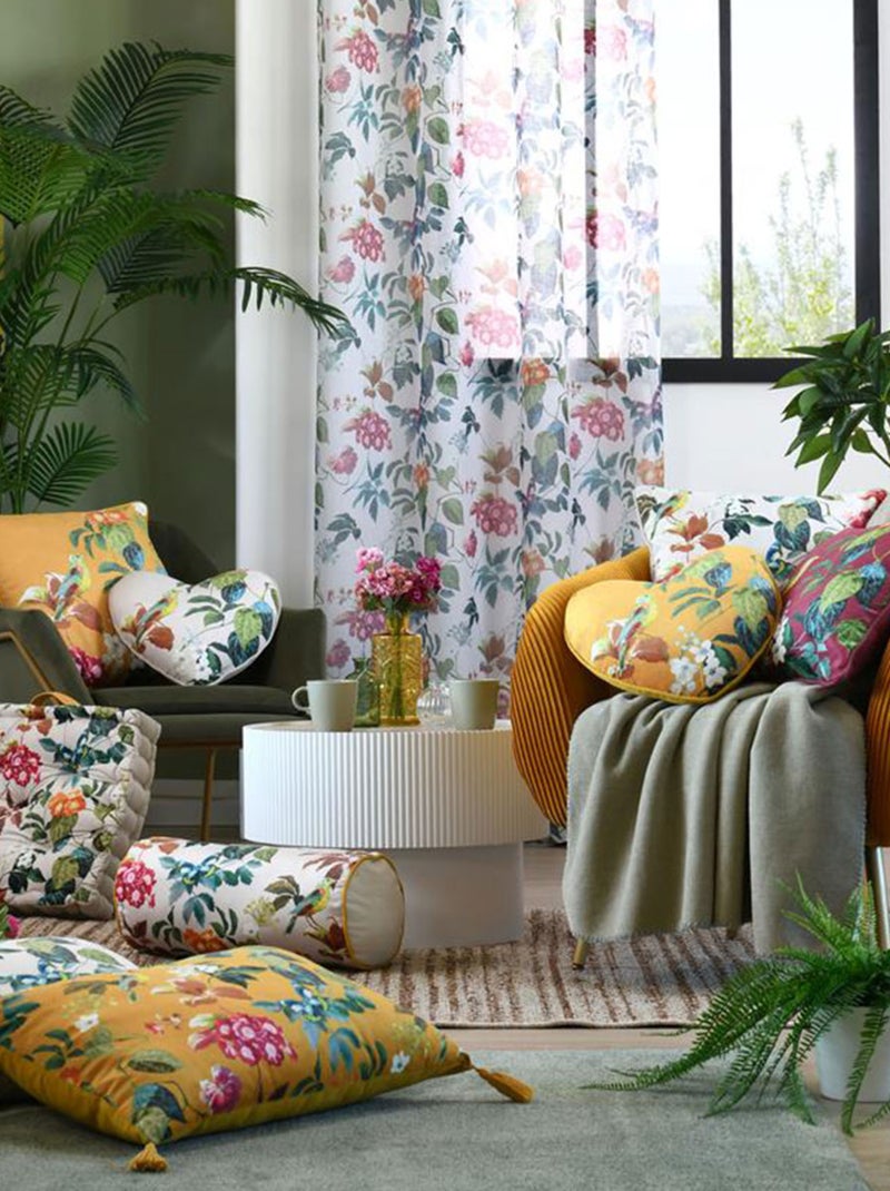 Cojín cilíndrico decorativo con estampado de hojas y pájaro Crudo - Kiabi