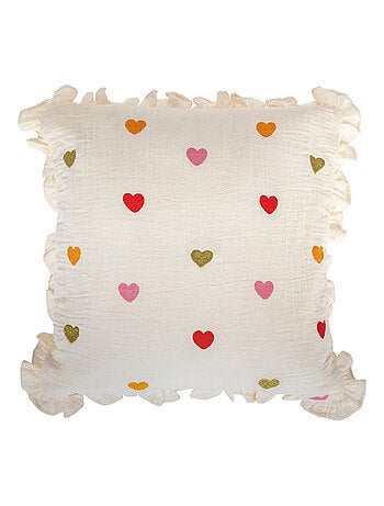 Cojín de gasa de algodón con flap y corazones bordados