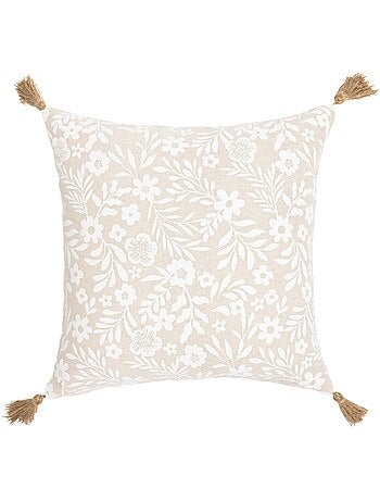 Cojín de polialgodón con estampado floral y borlas