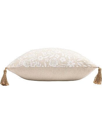 Cojín de polialgodón con estampado floral y borlas