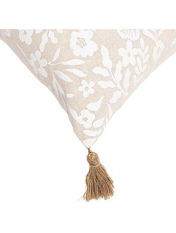 Cojín de polialgodón con estampado floral y borlas