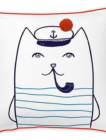 Cojín decorativo de algodón blanco con gato marinero capitán 40 x 40 cm