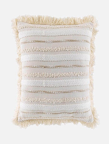 Cojín desenfundable de algodón tejido con flecos y rayas en relieve