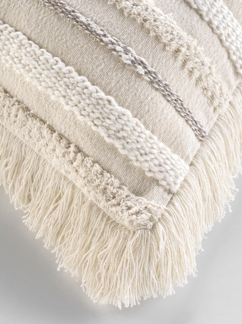 Cojín desenfundable de algodón tejido con flecos y rayas en relieve Beige concha - Kiabi