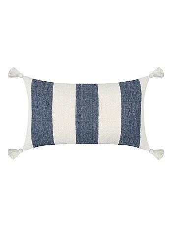 Cojín rectangular de rayas azules con borlas