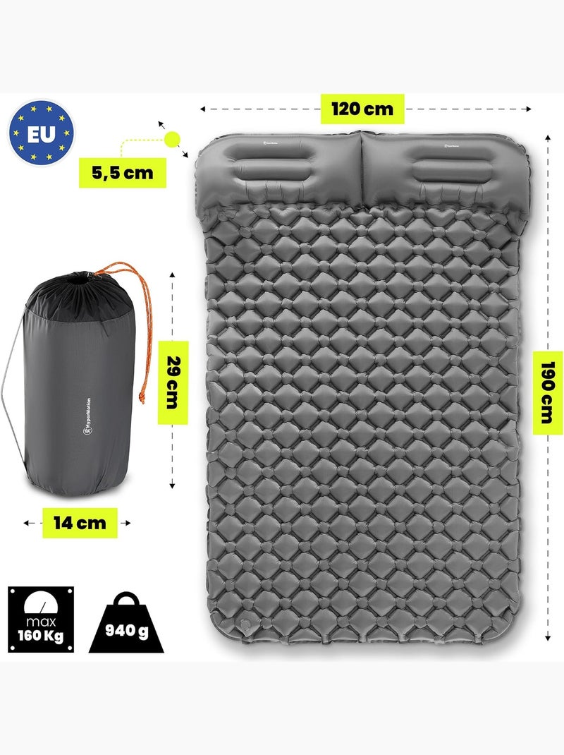 Colchón hinchable doble campmat 2 hypermotion con almohadas integradas para camping y trekking Gris - Kiabi
