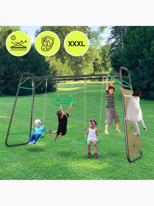Columpio XXL HyperMotion de acero con trapecio y pared de escalada - Kiabi Columpio XXL HyperMotion de acero con trapecio y pared de escalada - Kiabi