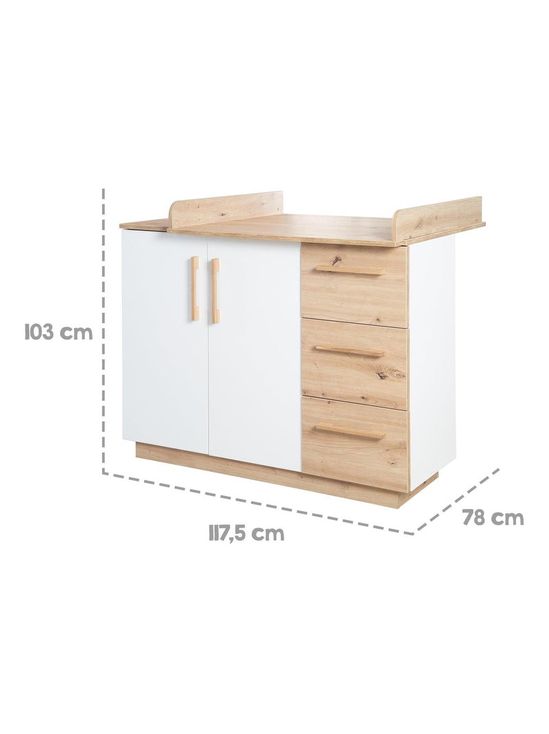 Cómoda cambiador 2 puertas y 3 cajones decoración roble 'Roba lion' Blanco Marrón - Kiabi