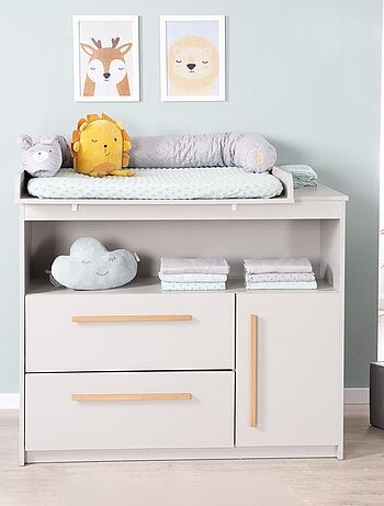Cómoda cambiador Lea - tablero extraíble - tiradores en madera maciza - gris claro