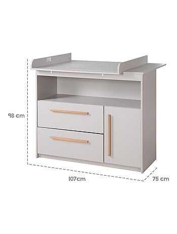 Cómoda cambiador Lea - tablero extraíble - tiradores en madera maciza - gris claro