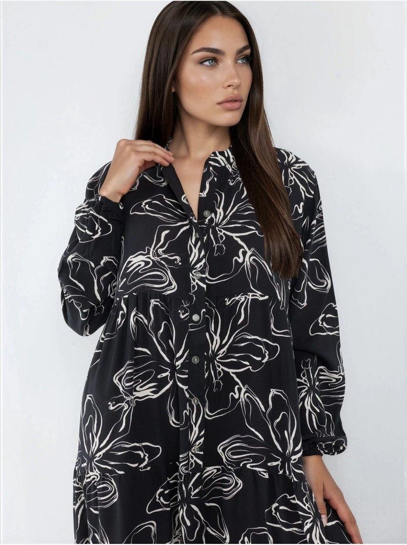 Cómodo vestido largo con cuello en v y botones hiccup Negro - Kiabi