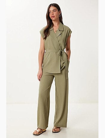 Conjunto 2 piezas cintura alta camisa cuello camisero pantalón pierna ancha istanbul