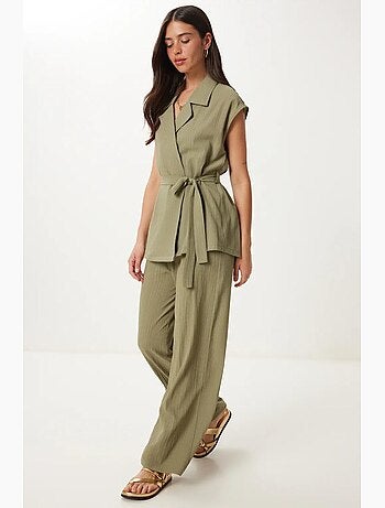 Conjunto 2 piezas cintura alta camisa cuello camisero pantalón pierna ancha istanbul