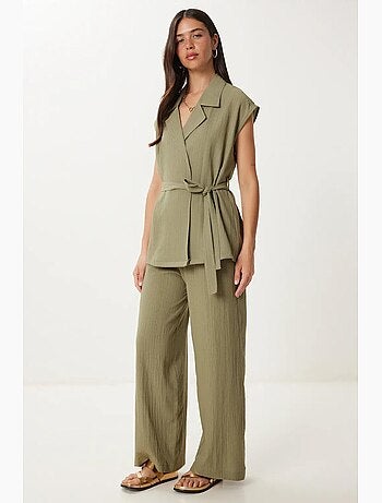 Conjunto 2 piezas cintura alta camisa cuello camisero pantalón pierna ancha istanbul