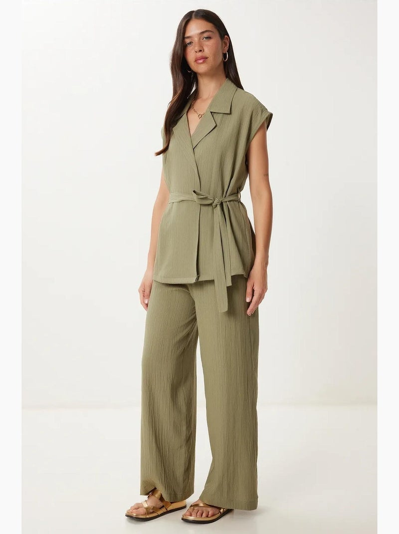 Conjunto 2 piezas cintura alta camisa cuello camisero pantalón pierna ancha istanbul Verde caqui - Kiabi