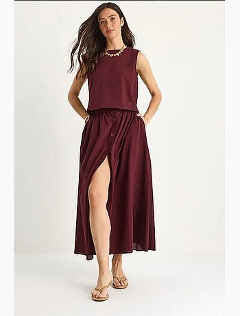 Conjunto 2 piezas de lino con blusa corta de tirantes, botones y falda larga lucci