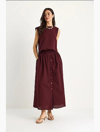 Conjunto 2 piezas de lino con blusa corta de tirantes, botones y falda larga lucci