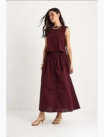 Conjunto 2 piezas de lino con blusa corta de tirantes, botones y falda larga lucci