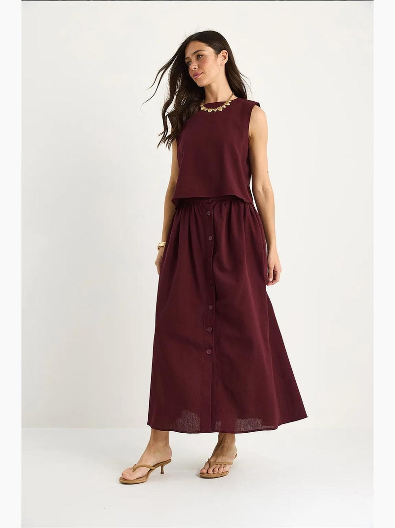 Conjunto 2 piezas de lino con blusa corta de tirantes, botones y falda larga lucci Rojo burdeos - Kiabi