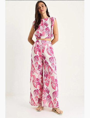 Conjunto 2 piezas lino estampado, blusa corta y pantalón ancho lucci
