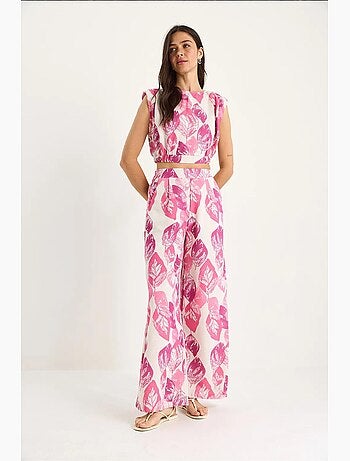 Conjunto 2 piezas lino estampado, blusa corta y pantalón ancho lucci