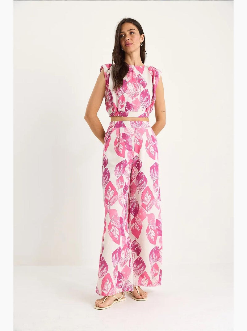 Conjunto 2 piezas lino estampado, blusa corta y pantalón ancho lucci Rosa fluo/Solinotes - Kiabi
