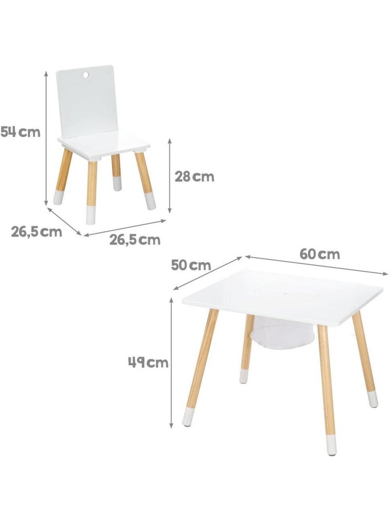 Conjunto 2 sillas y mesa infantil con red de almacenamiento en madera - diseño escandinavo 'Roba' Blanco Beige Blanco - Kiabi