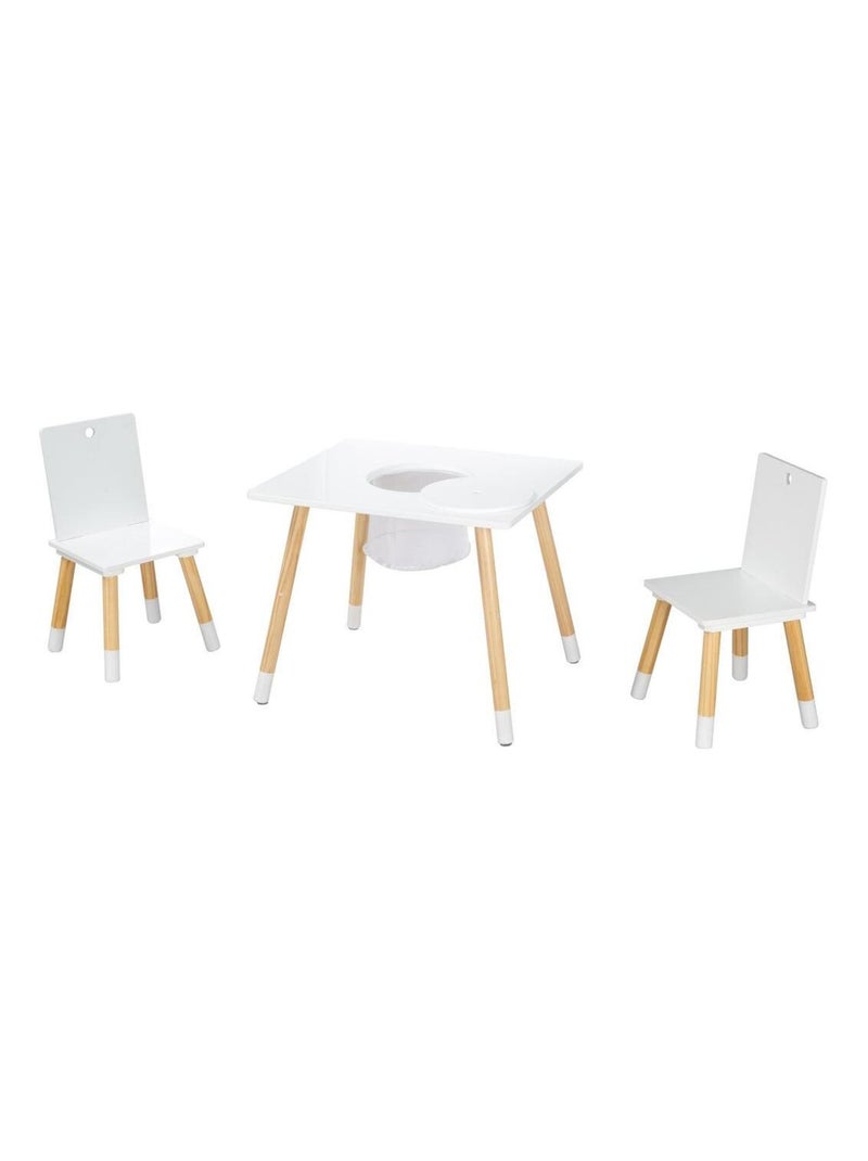 Conjunto 2 sillas y mesa infantil con red de almacenamiento en madera - diseño escandinavo 'Roba' Blanco Beige Blanco - Kiabi