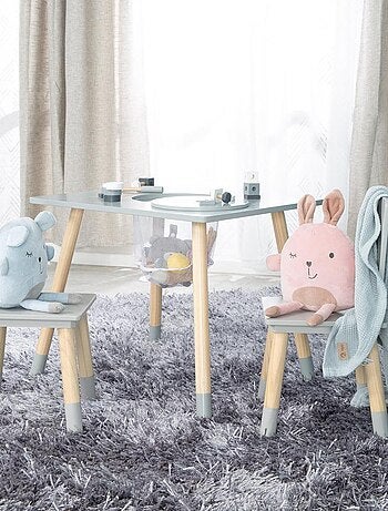 Conjunto 2 sillas y mesa infantil con red de almacenamiento en madera - diseño escandinavo 'Roba'