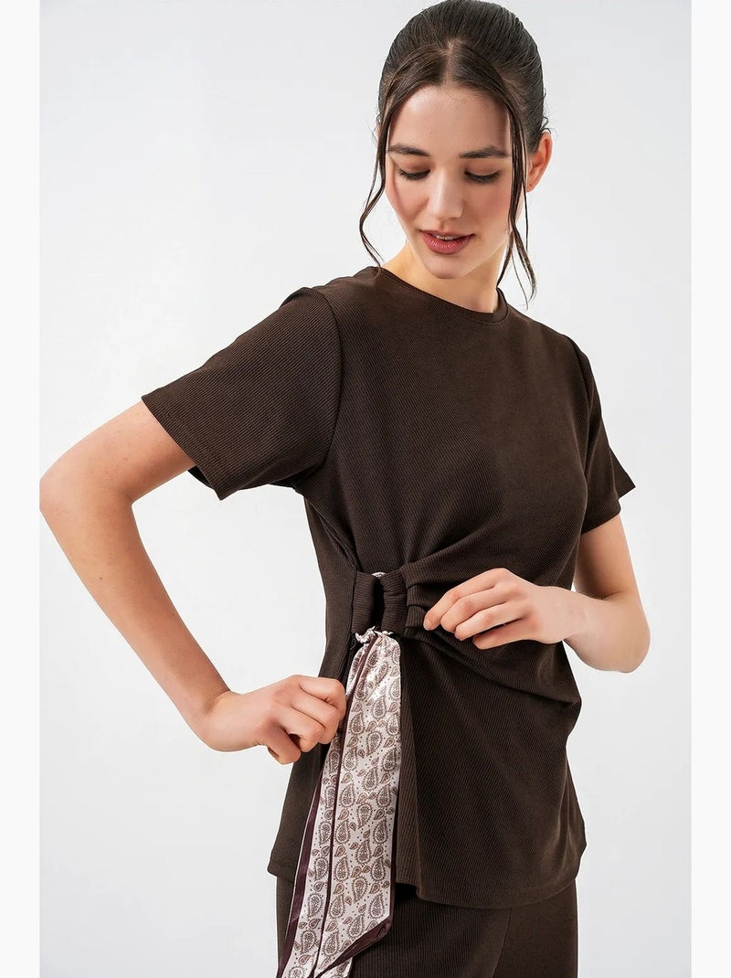 Conjunto acanalado con pantalón de pernera ancha y detalle de lazada bdart Marrón chocolate - Kiabi