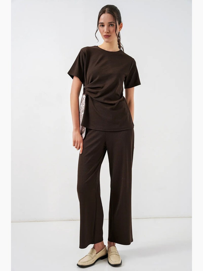 Conjunto acanalado con pantalón de pernera ancha y detalle de lazada bdart Marrón chocolate - Kiabi
