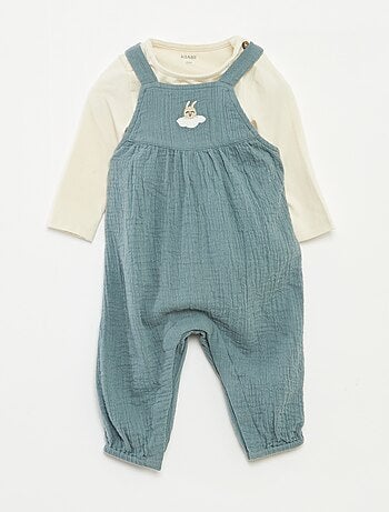 Conjunto body + peto de gasa de algodón - 2 piezas