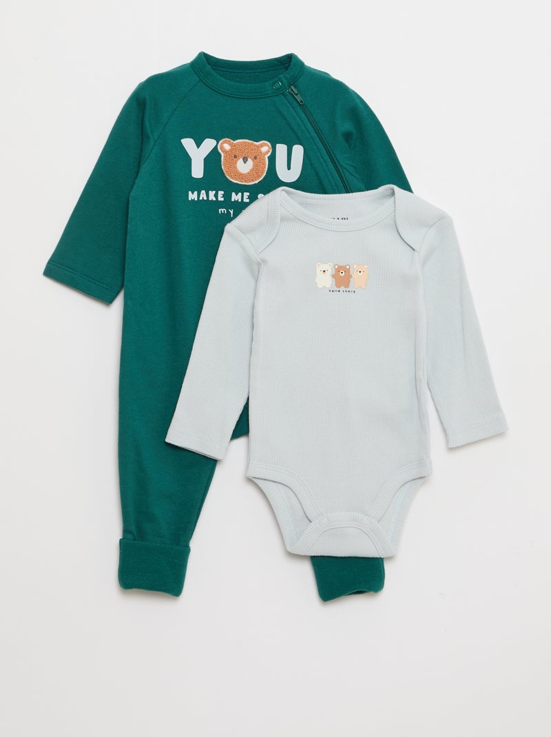 Conjunto cálido pijama entero y body Verde - Kiabi