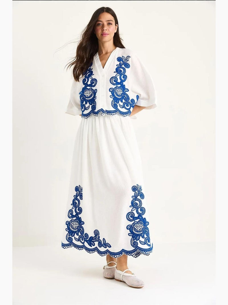 Conjunto camisa bordada manga 3/4 y pantalón pierna ancha lucci Azul cobalto - Kiabi
