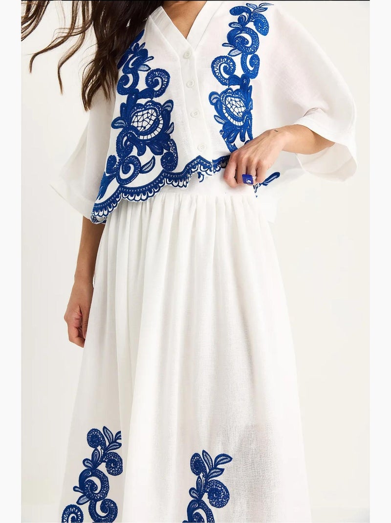 Conjunto camisa bordada manga 3/4 y pantalón pierna ancha lucci Azul cobalto - Kiabi