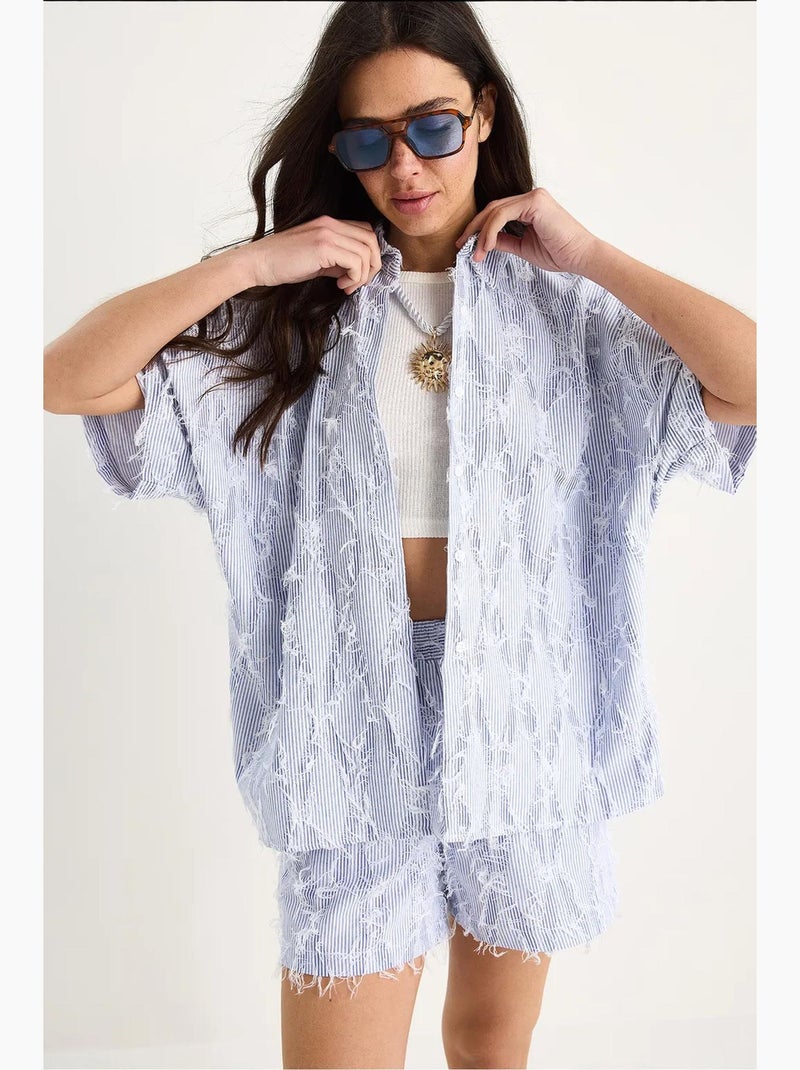 Conjunto camisa oversize a rayas y short lucci Azul cielo - Kiabi