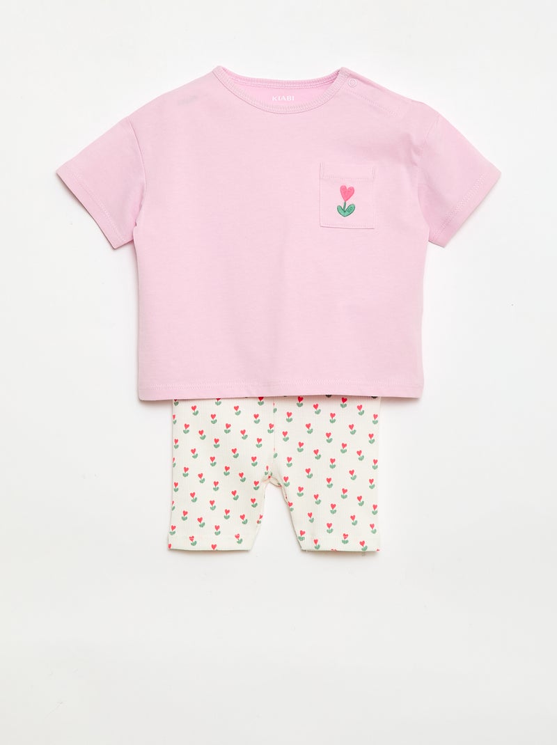 Conjunto Camiseta + pantalón corto ciclista acanalado - 2 piezas Rosa - Kiabi