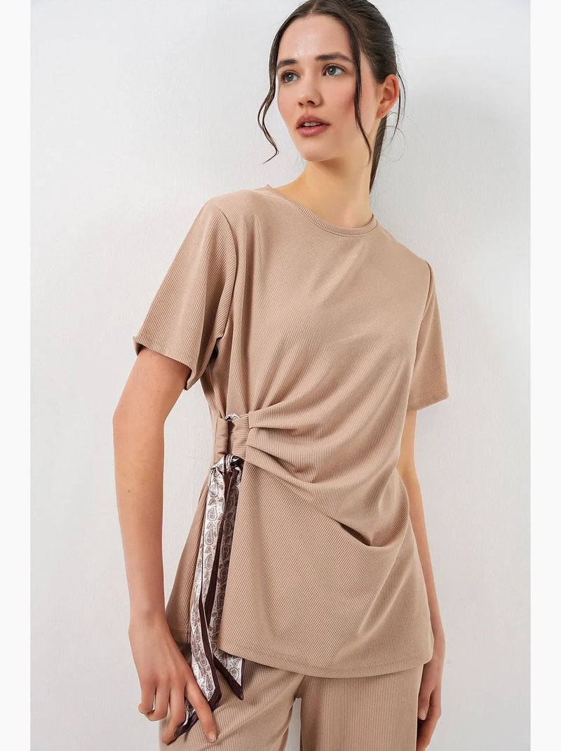 Conjunto canalé cuello redondo lazada pantalón pierna ancha bdart Beige arcilla - Kiabi