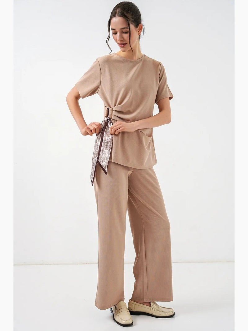 Conjunto canalé cuello redondo lazada pantalón pierna ancha bdart Beige arcilla - Kiabi