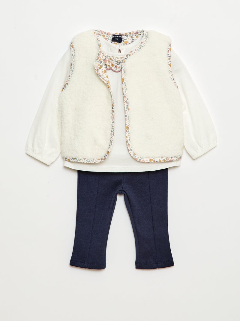 Conjunto chaleco efecto borreguito + camiseta + leggings - 3 piezas Blanco - Kiabi